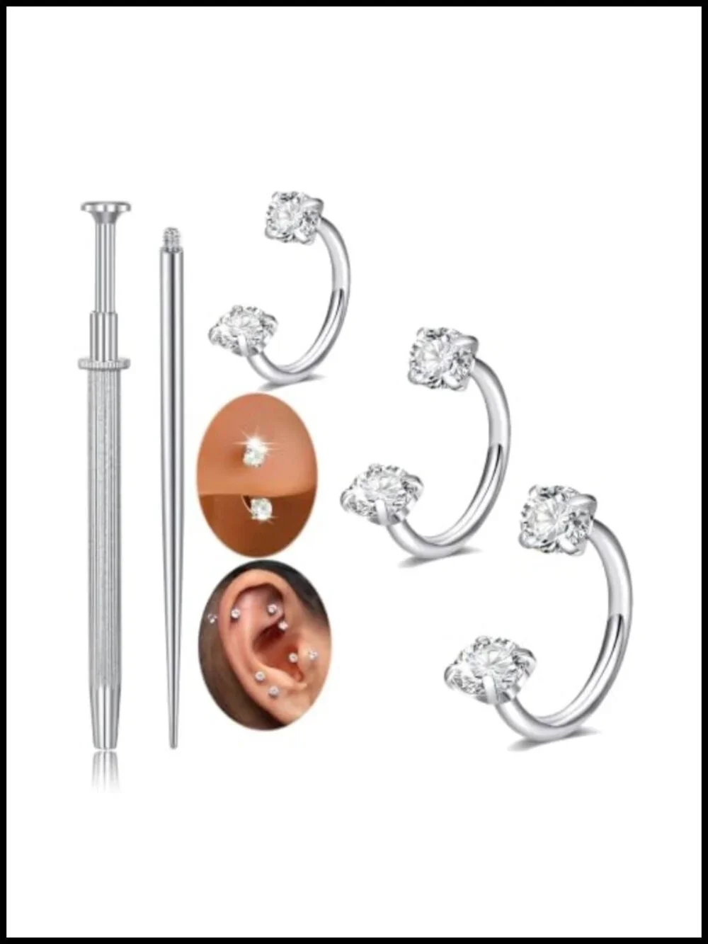 Surgical Steel Horseshoe Nose Ring Hoop 20g Half Hoop Double Gem U Shape